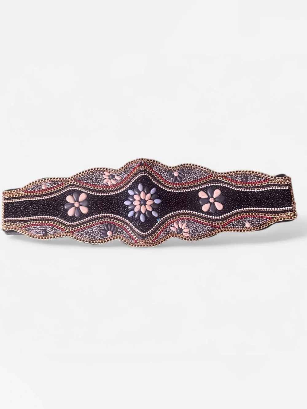 Embellished Floral Beaded Waist Belt - Black and Pink